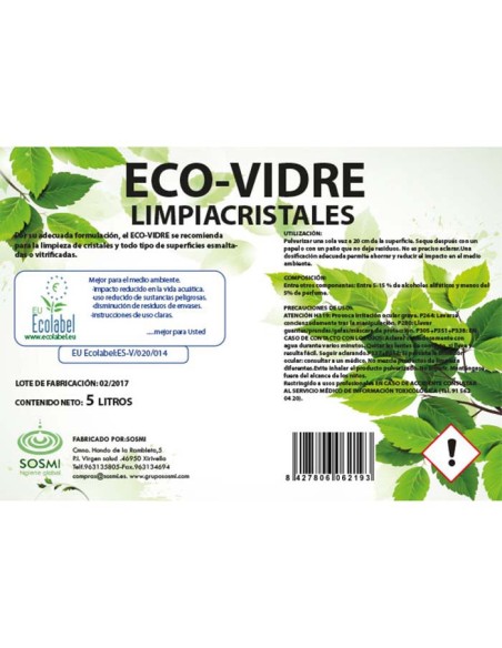 Limpiacristales Ecolabel Eco Vidre 5L