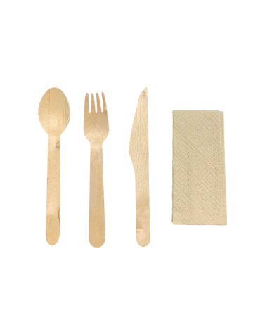 Pack tris cubiertos madera + servilleta kraft de Betik (500Uds)