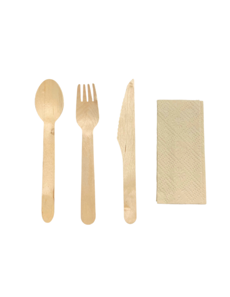 Pack tris cubiertos madera + servilleta kraft de Betik (500Uds)