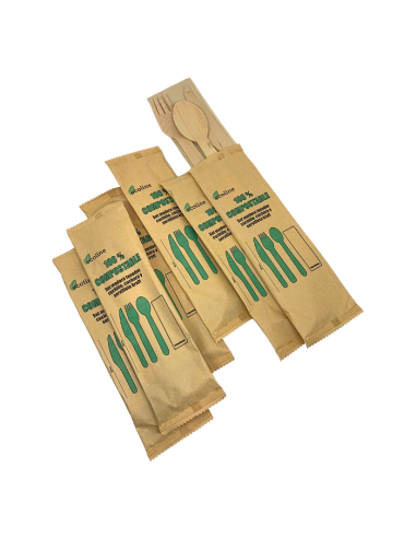 Pack tris cubiertos madera + servilleta kraft de Betik (500Uds)
