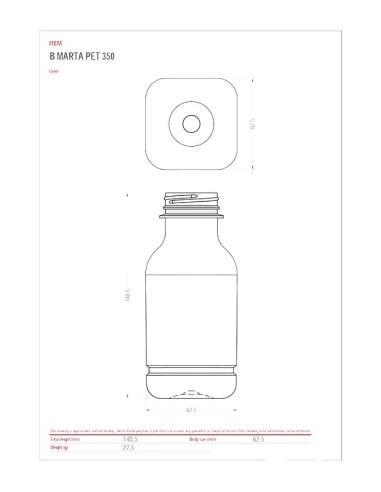 Botella Marta PET cuadrada 1L, boca 38mm+tapón (60uds) - Muñoz B