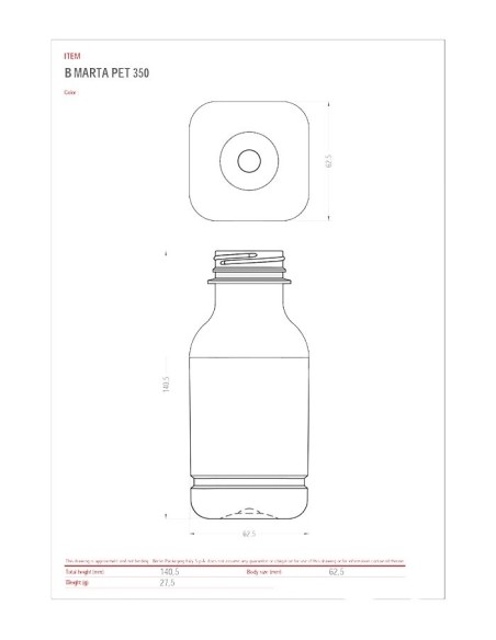 Botella Marta PET cuadrada 1L, boca 38mm+tapón (60uds) - Muñoz B