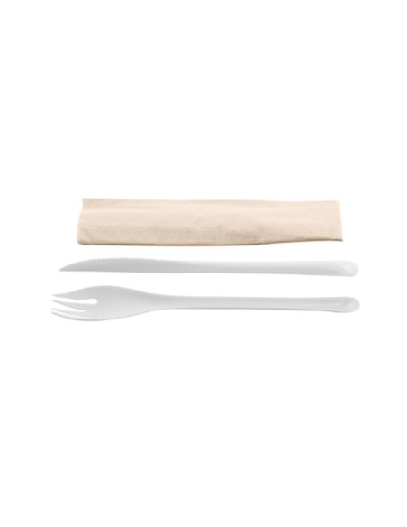 Pack EKO tenedor+cuchillo blanco +servilleta kraft de BETIK (500Uds)