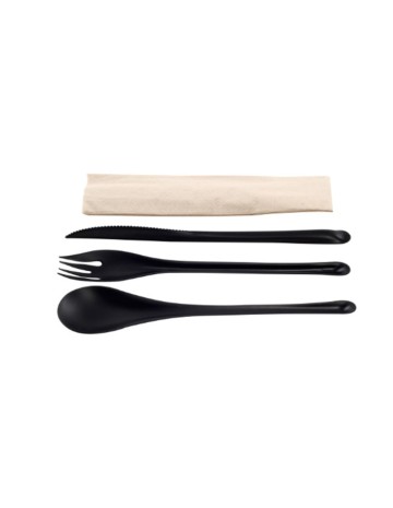 Pack EKO CPLA Cuchara+tenedor+cuchillo negro+servilleta natural de BETIK (500Uds)