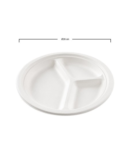 Plato 3 Compartimentos Bagazo Blanco Ø26cm - Betik (800 Uds)