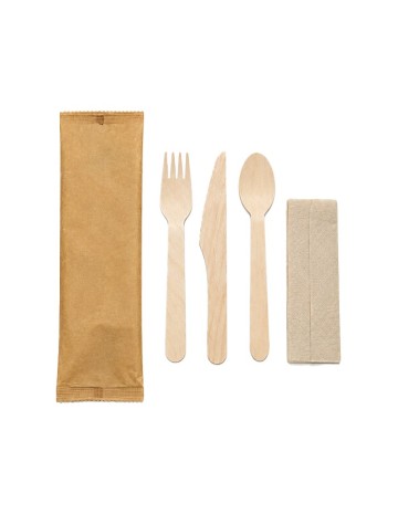 Pack Tris cubiertos madera con servilleta ECO (500uds) - Muñoz B