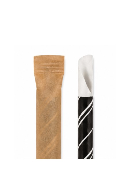 Pajita Cuchara Papel Negra y Blanca Enfundada 8x200mm - Betik (6000Uds)