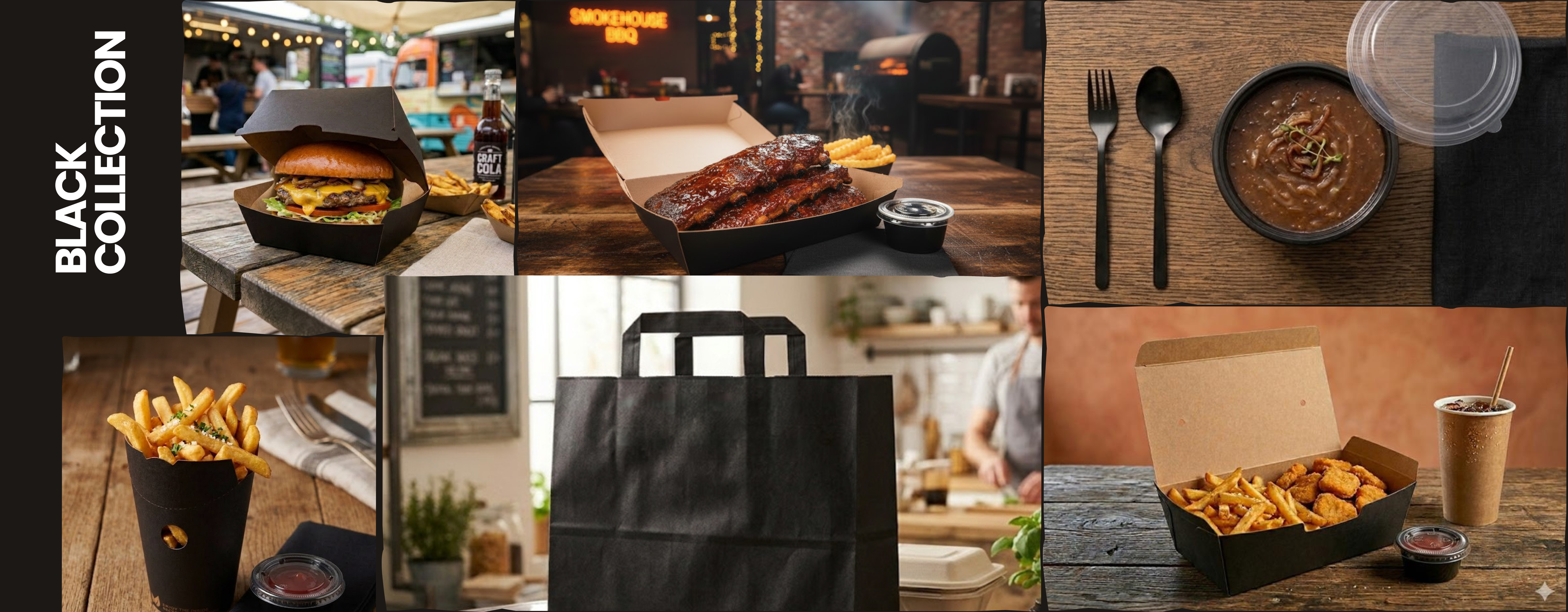 packaging take away negro para restaurantes y comidas para llevar